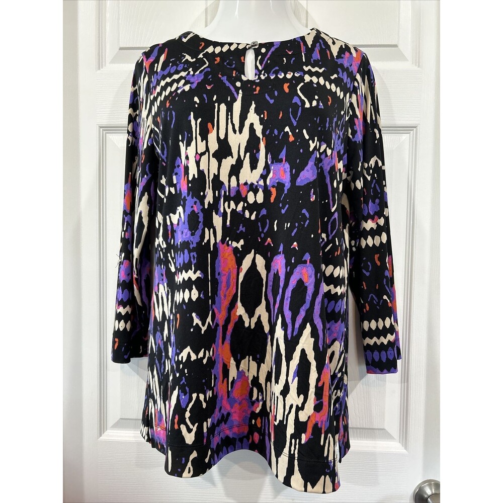 Allyson Whitmore Stretch Knit Keyhole Blouse Black Purple Art Women's XL